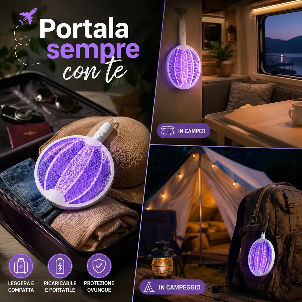 Racchetta Zanzare Elettrica 2 in 1 con Lampada UV Antizanzare Pieghevole USB Ricaricabile per Casa Campeggio Giardino