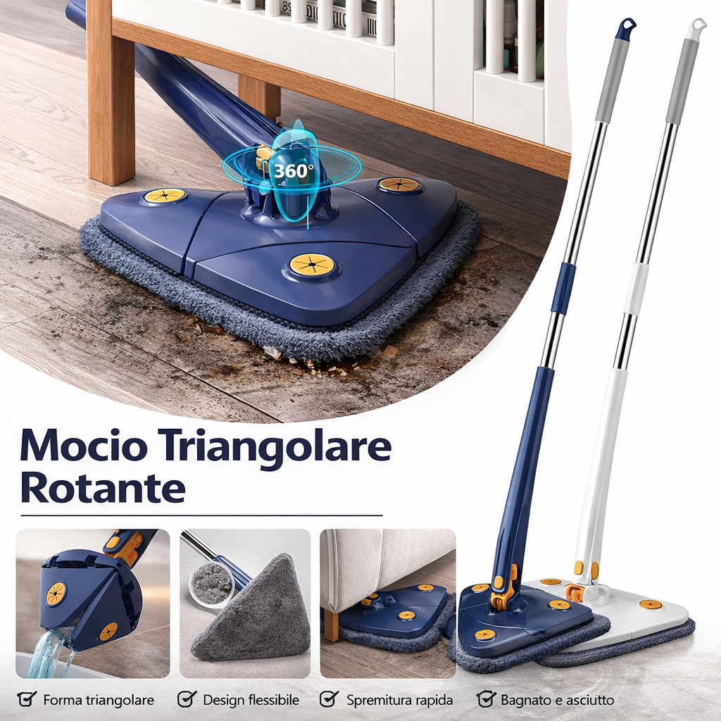 Mocio triangolare rotante 360° blu con panno grigio e asta telescopica