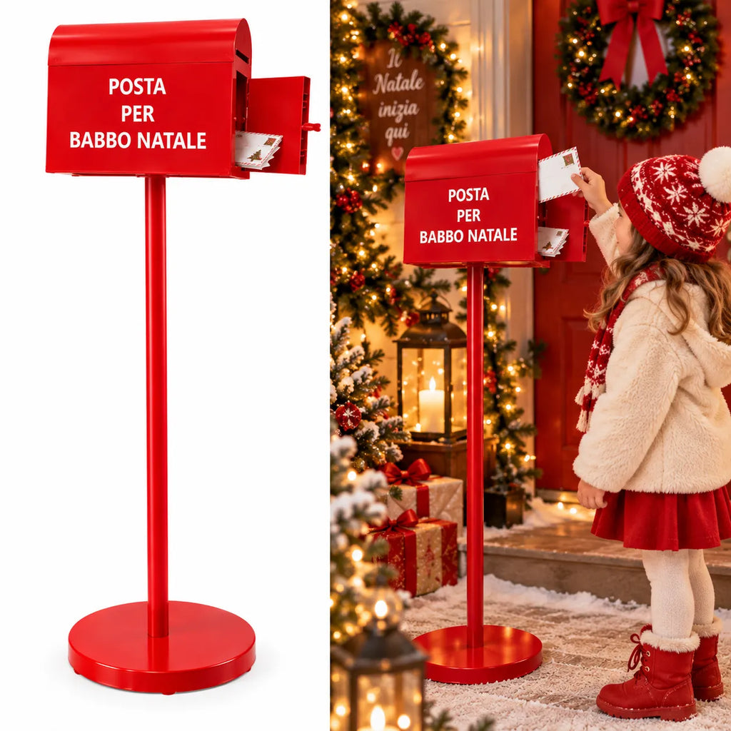 Cassetta postale natalizia rossa “POSTA PER BABBO NATALE” su piedistallo rotondo