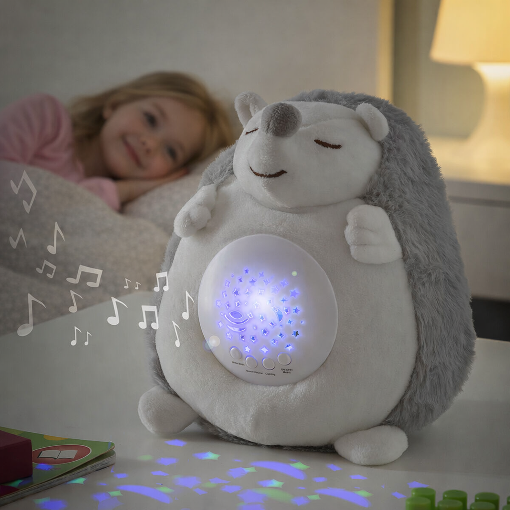 Riccio di peluche grigio con proiettore tondo sul pancino, luci blu a stelle