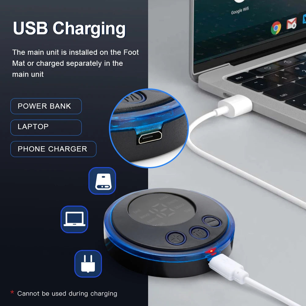 Massaggiatore plantare EMS con cavo USB e controller tondo nero con bordi blu