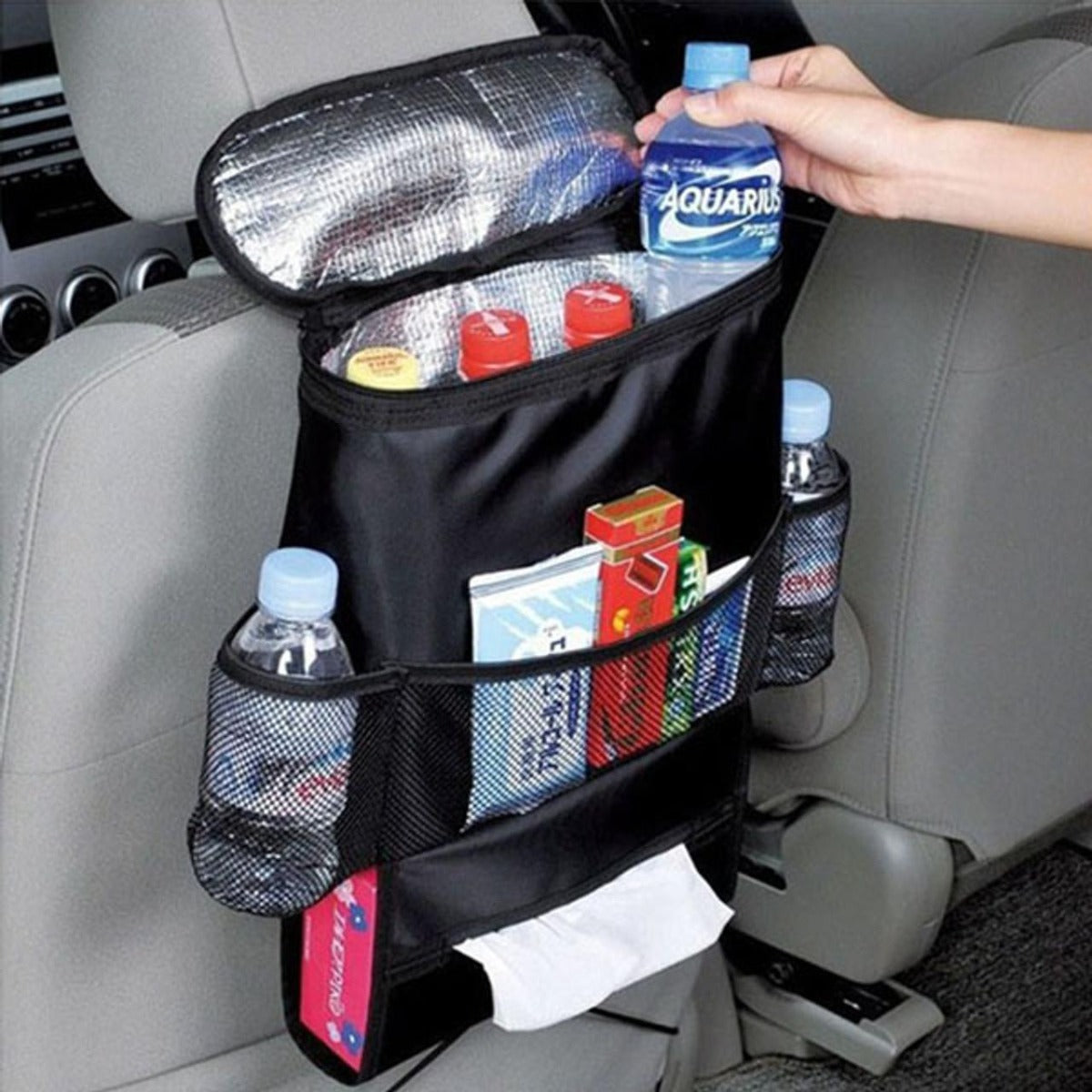 Borsa multifunzione per sedile posteriore auto con scomparto frigo e tasche