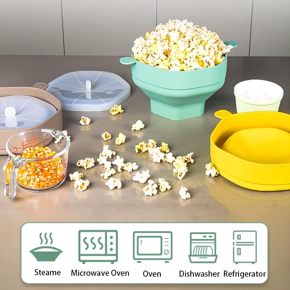 Ciotola pieghevole in silicone verde con coperchio trasparente e popcorn