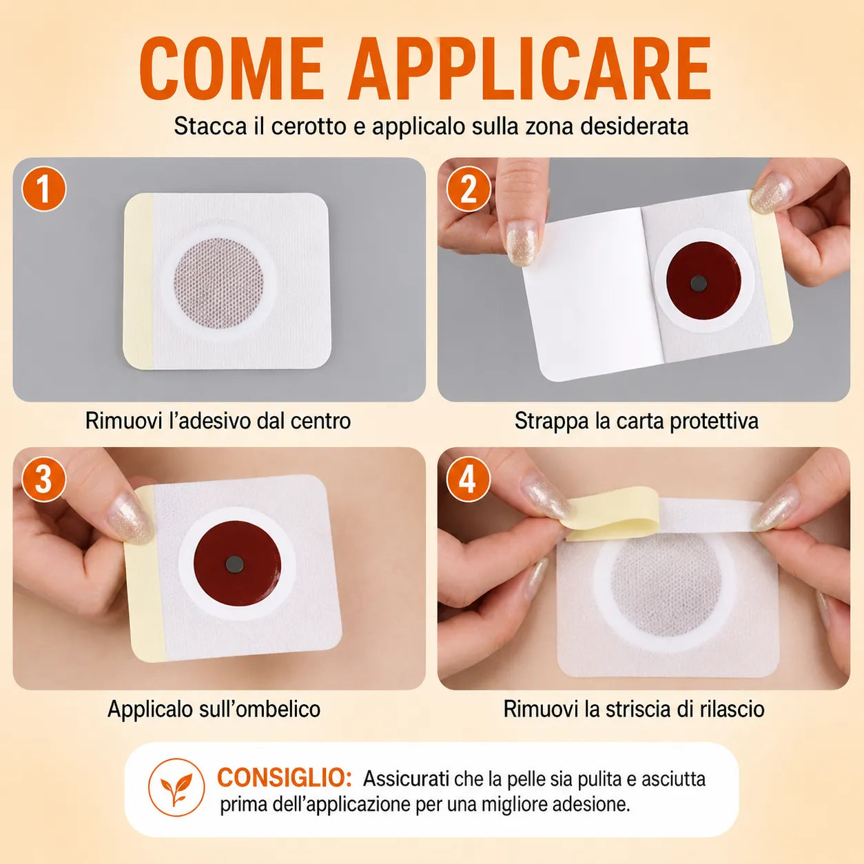 Cerotto adesivo rotondo su supporto protettivo: rimozione e applicazione sulla pelle
