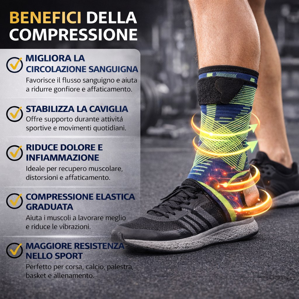Cavigliera blu e verde su caviglia, fascia nera e inserti di compressione