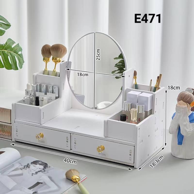 Specchio trucco bianco E471, specchio rotondo e cassetti con misure 40cm e 25cm