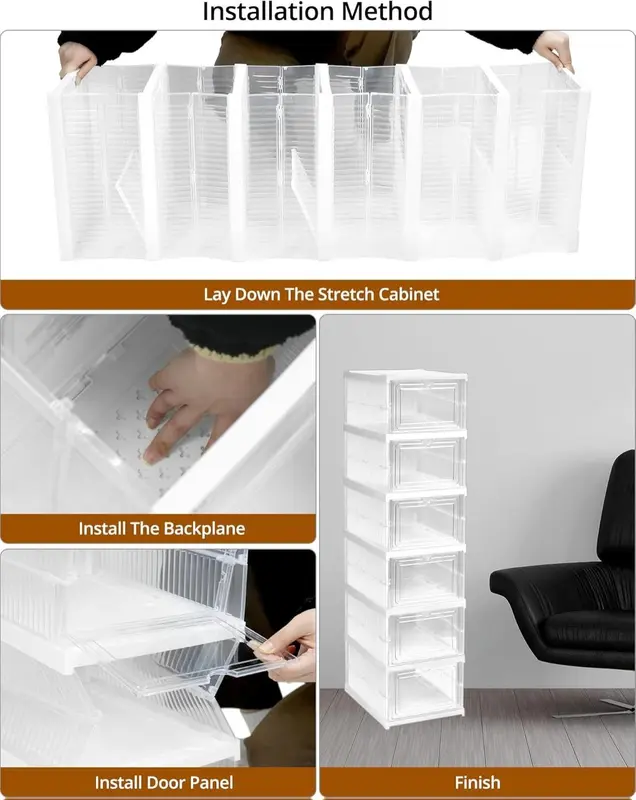 Scarpiera trasparente impilabile con sportelli, ripiani e pannelli per installazione