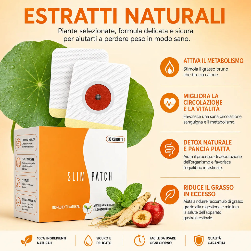 Confezione di cerotti adesivi rotondi con cerotti singoli e ingredienti naturali visibili