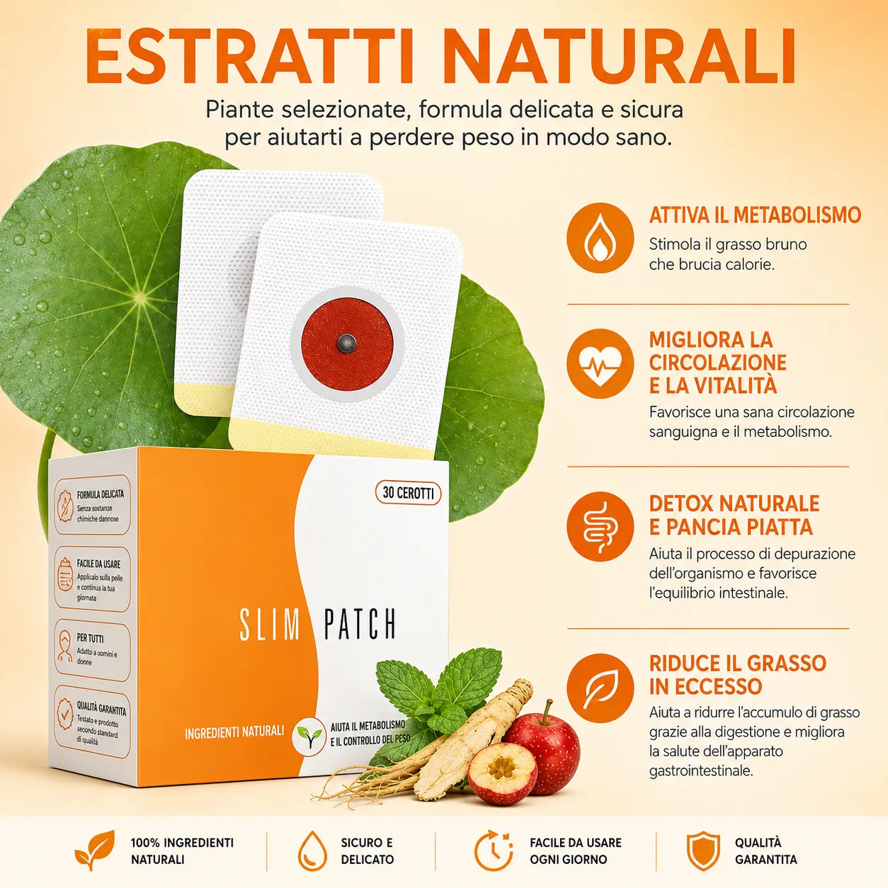 Confezione di cerotti adesivi rotondi con cerotti singoli e ingredienti naturali visibili