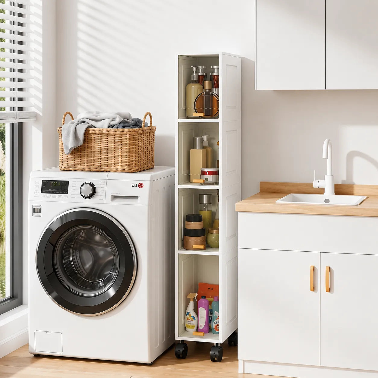 Mobiletto bianco stretto con vani interni e ruote vicino a lavatrice