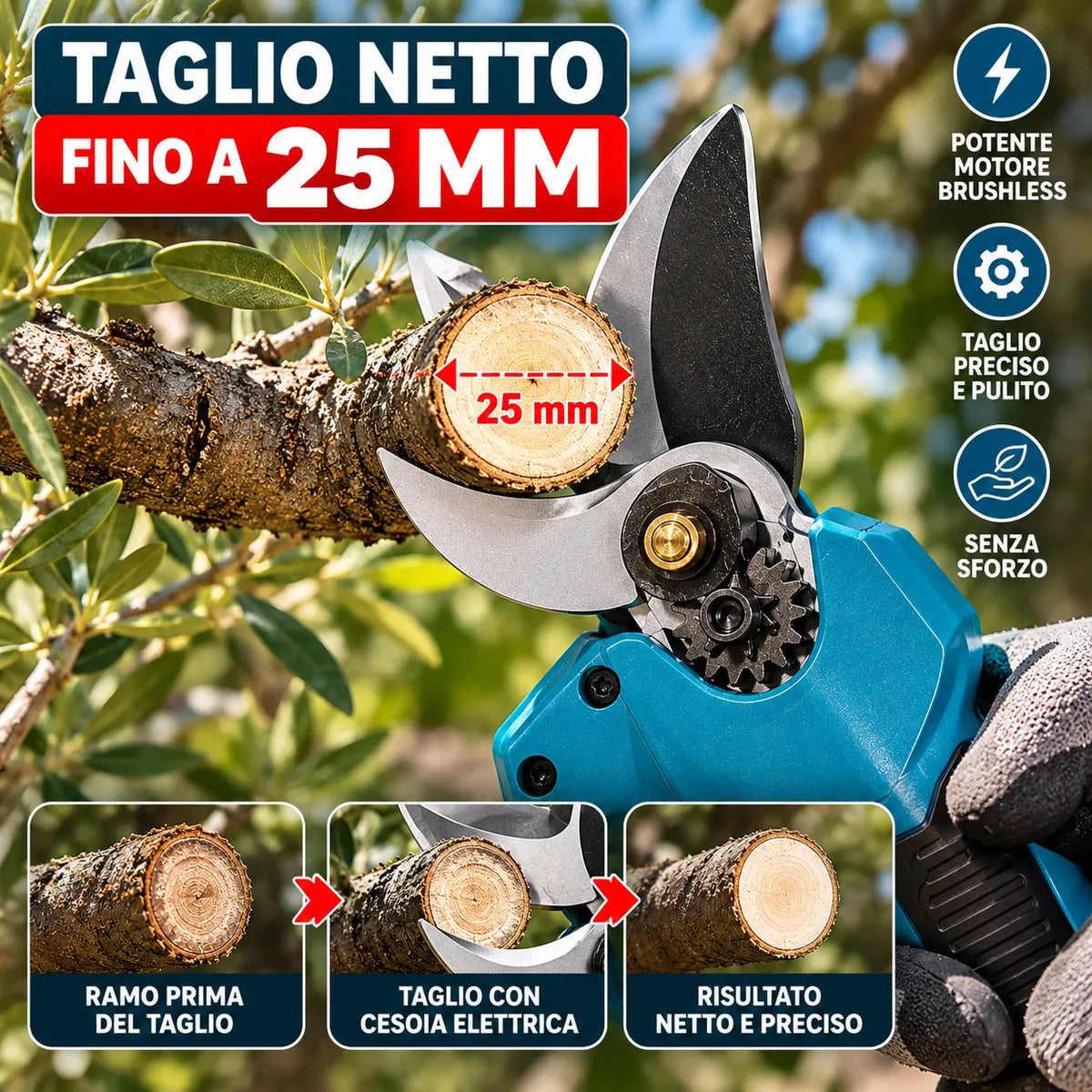 Cesoia elettrica a batteria con lama curva su tronco, taglio preciso