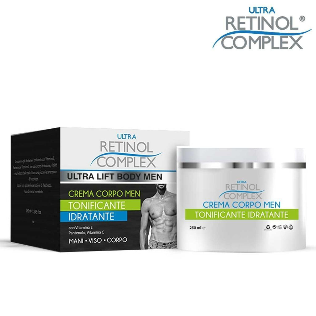 Confezione e barattolo crema corpo uomo Ultra Retinol Complex tonificante idratante 250 ml.
