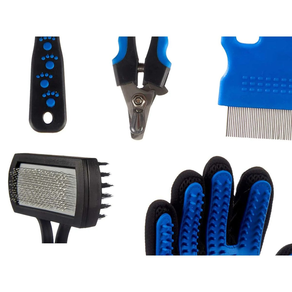 Strumenti per igiene animali in blu e nero: pettine, spazzole e guanto