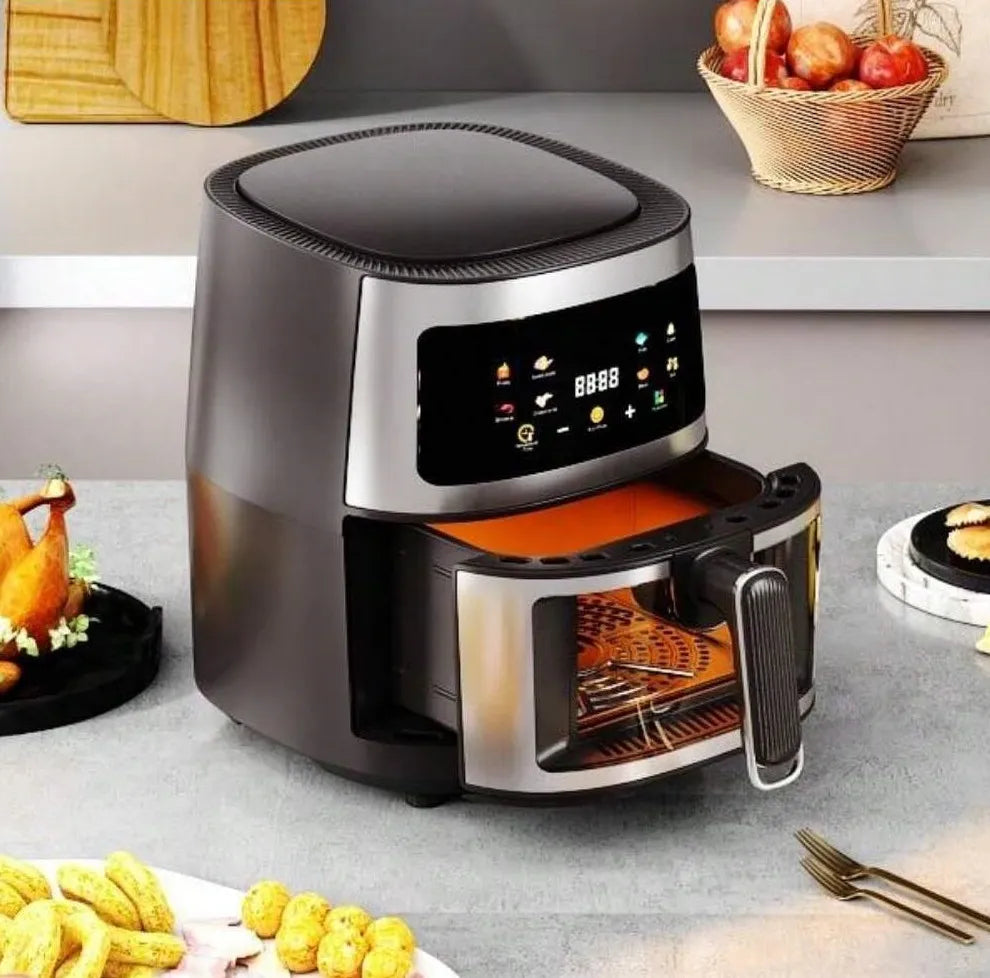 Friggitrice ad aria nera e argento con display digitale e cestello estraibile