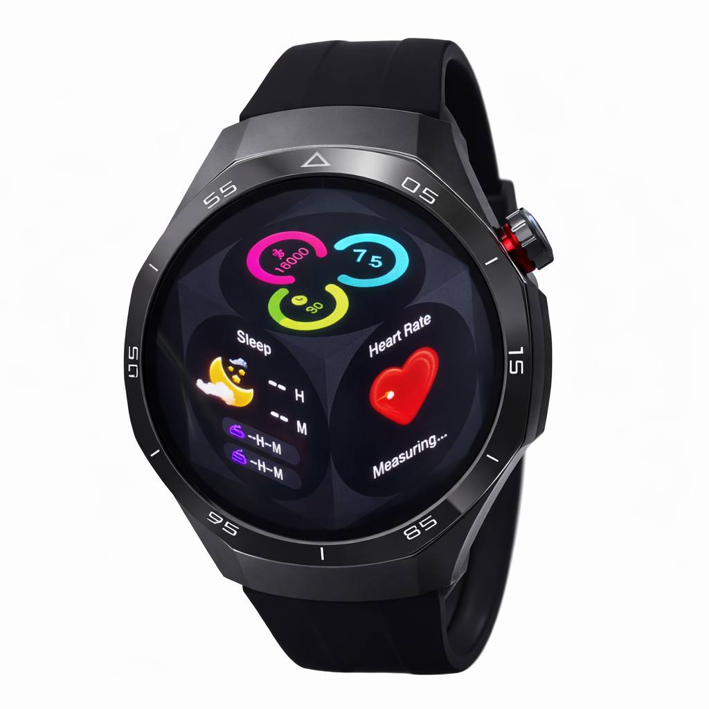 Smartwatch nero con display a colori e icone salute: cuore, frequenza cardiaca e sonno.