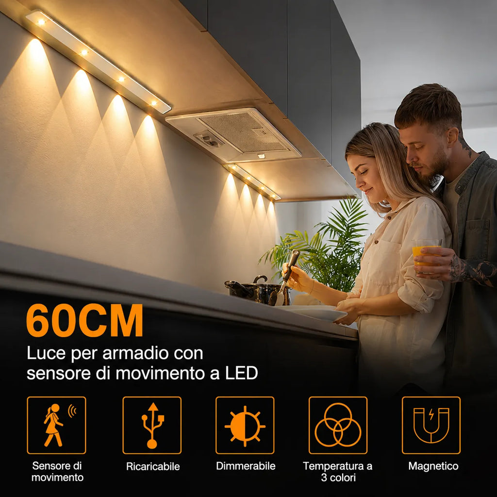 Luce LED Sottopensile 60 cm Ricaricabile con Sensore di Movimento