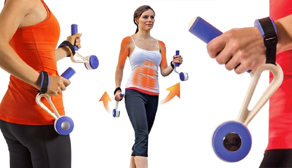 Set di bilancieri da allenamento con cinghie nere, manici bianchi e pesi blu/viola