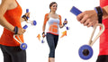 Set di bilancieri da allenamento con cinghie nere, manici bianchi e pesi blu/viola