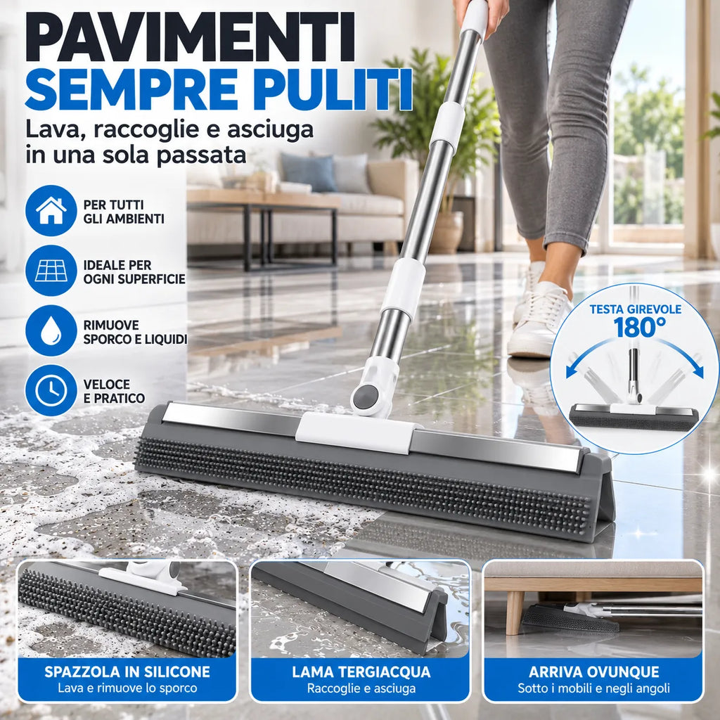 Spazzola tergipavimento 2 in 1 con testa girevole 180°, barra 50 cm, manico 109 cm