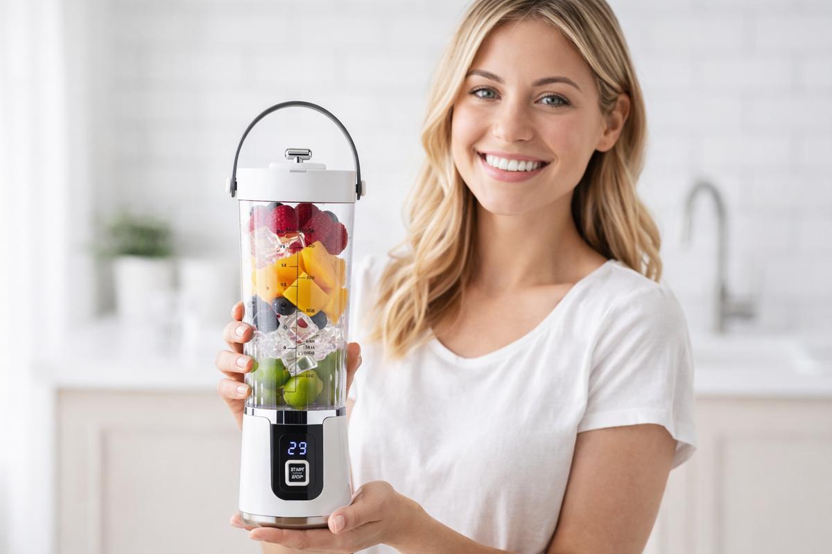 Frullatore portatile 500 ml con display, bicchiere trasparente e donna che lo tiene in mano