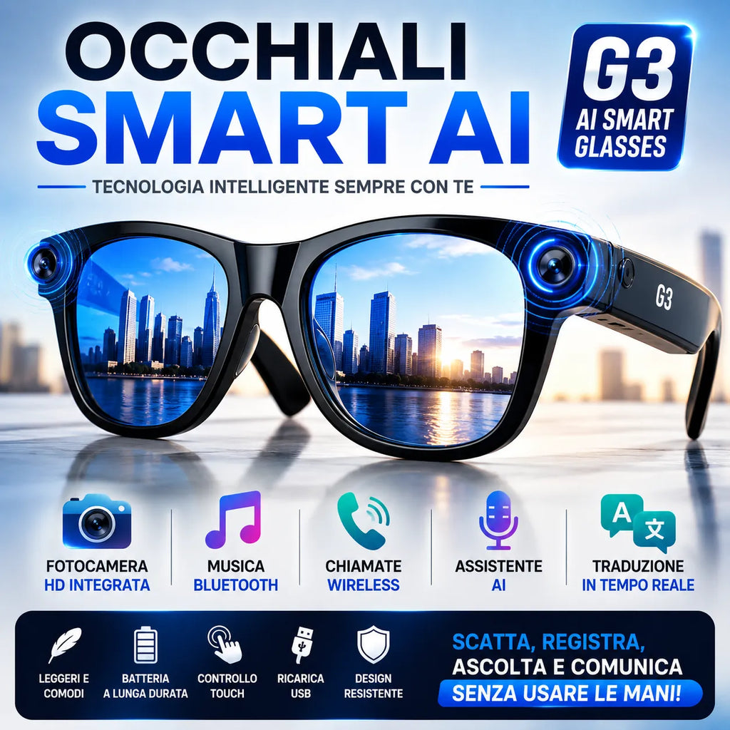 Occhiali smart AI neri con lenti riflettenti blu e moduli laterali