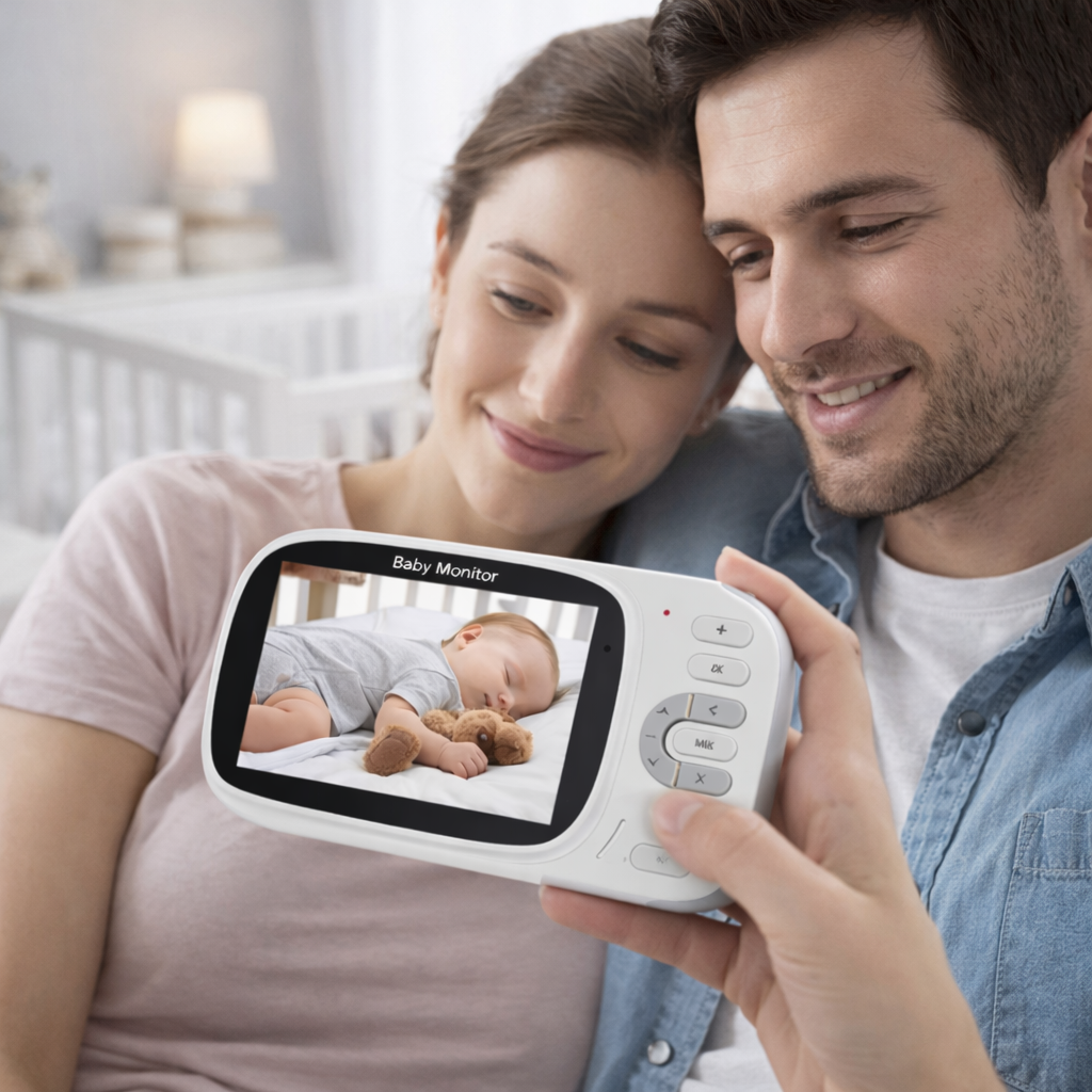 Monitor video per bebè wireless con schermo a colori, tenuto in mano, baby in culla