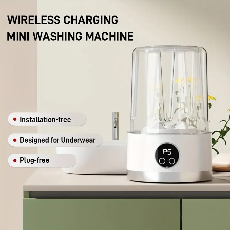 Mini lavatrice portatile bianca con coperchio trasparente e display P5