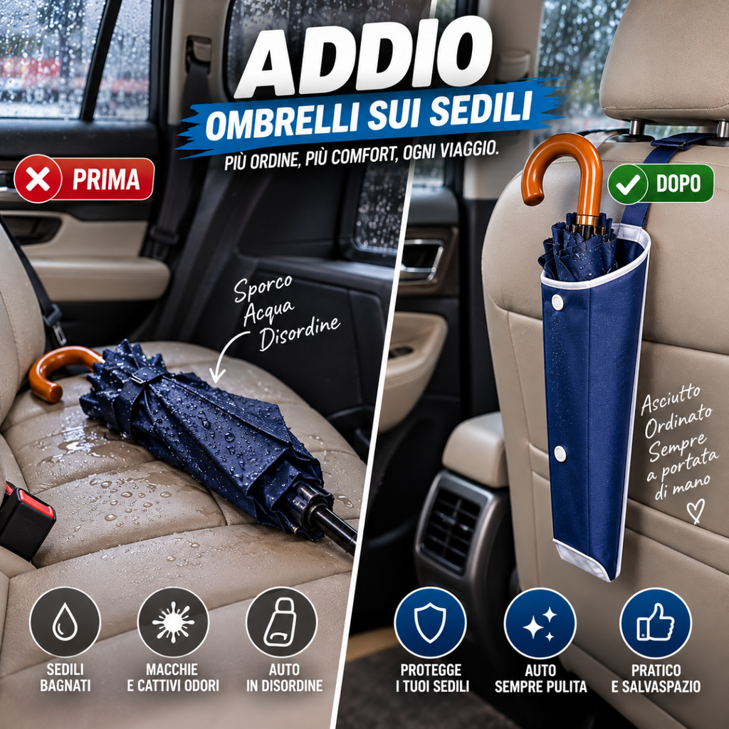 Portaombrelli blu con manico arancione in auto, fissato al sedile per tenere ordine