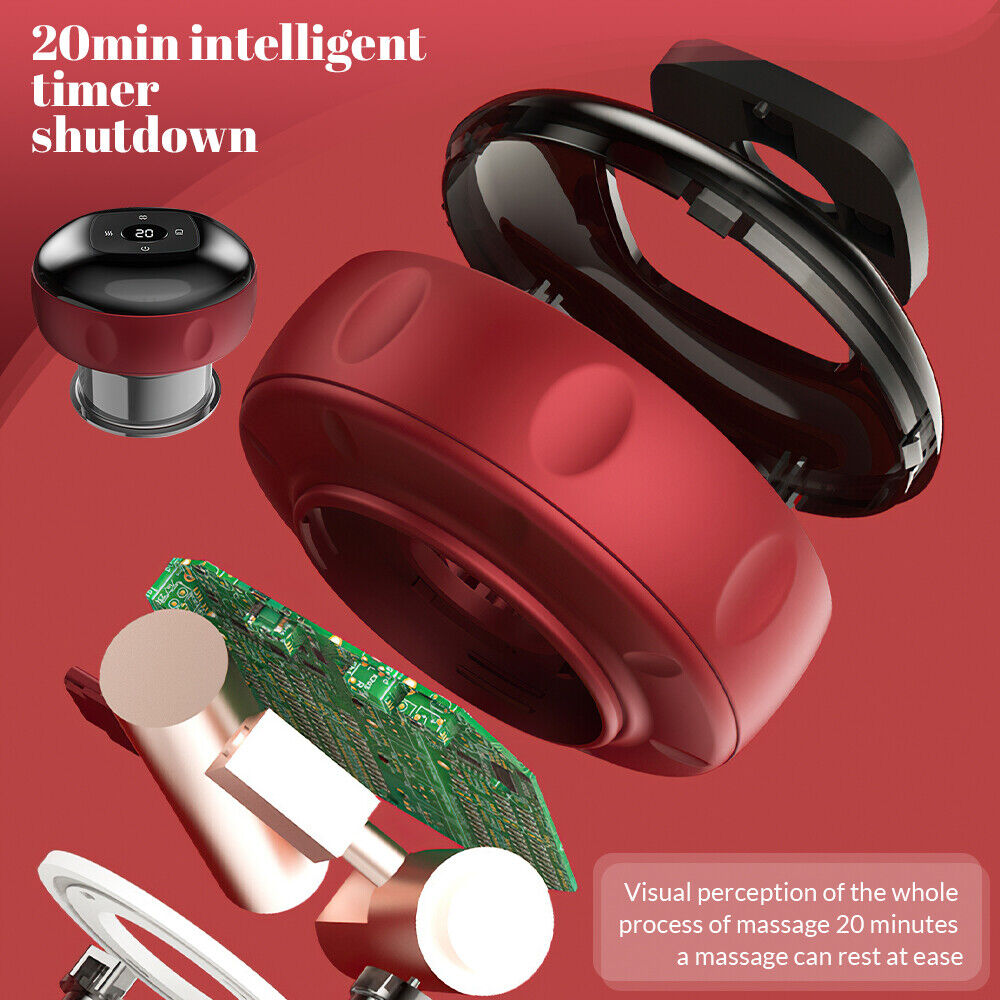 Dispositivo a coppettazione rosso con timer, vista laterale e base in metallo