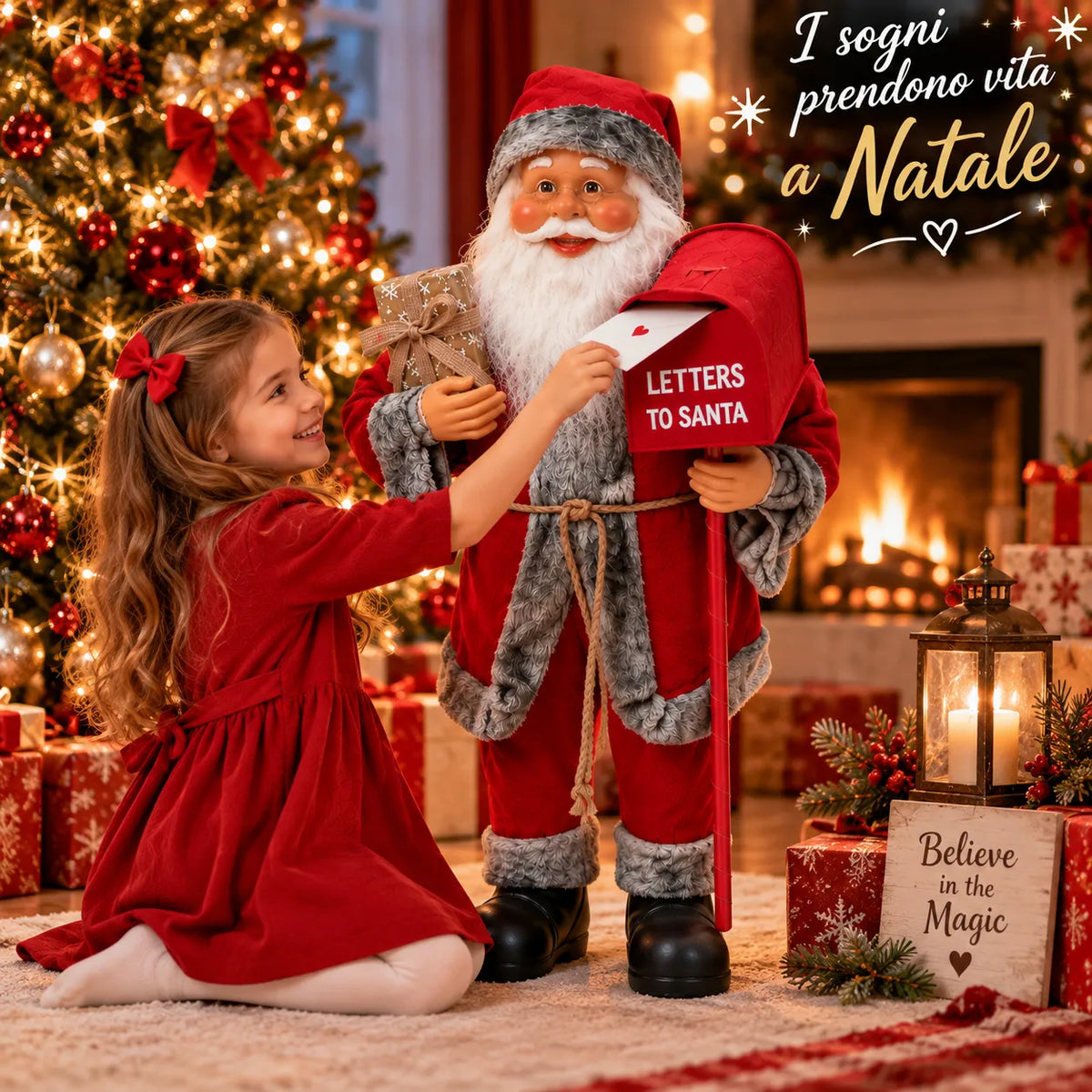Babbo Natale rosso con cappello grigio e casetta postale “LETTERS TO SANTA” vicino a bimba