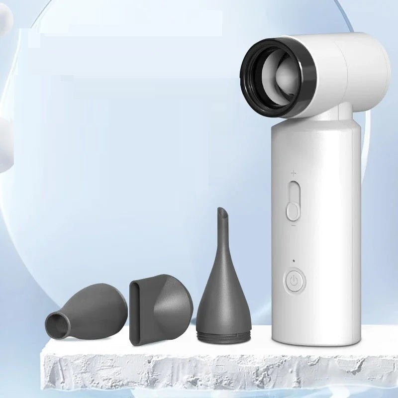 Ventilatore portatile bianco con bocchetta turbo e tre accessori grigi inclusi