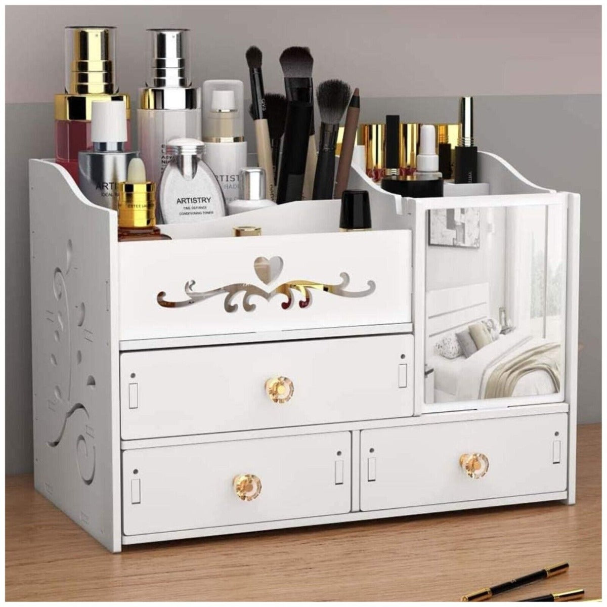 Organizer cosmetici bianco con cassetti, specchio laterale e scomparto per pennelli