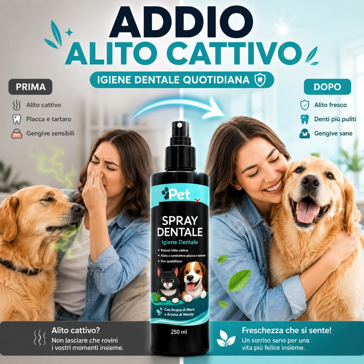 Spray dentale PET SMILE 250 ml con etichetta verde acqua e nebulizzatore