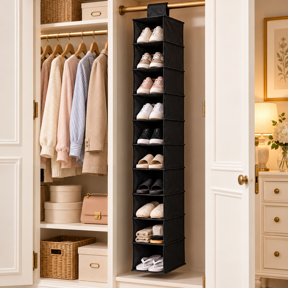 Organizer da appendere nero con ripiani sospesi, per scarpe e capi piegati.