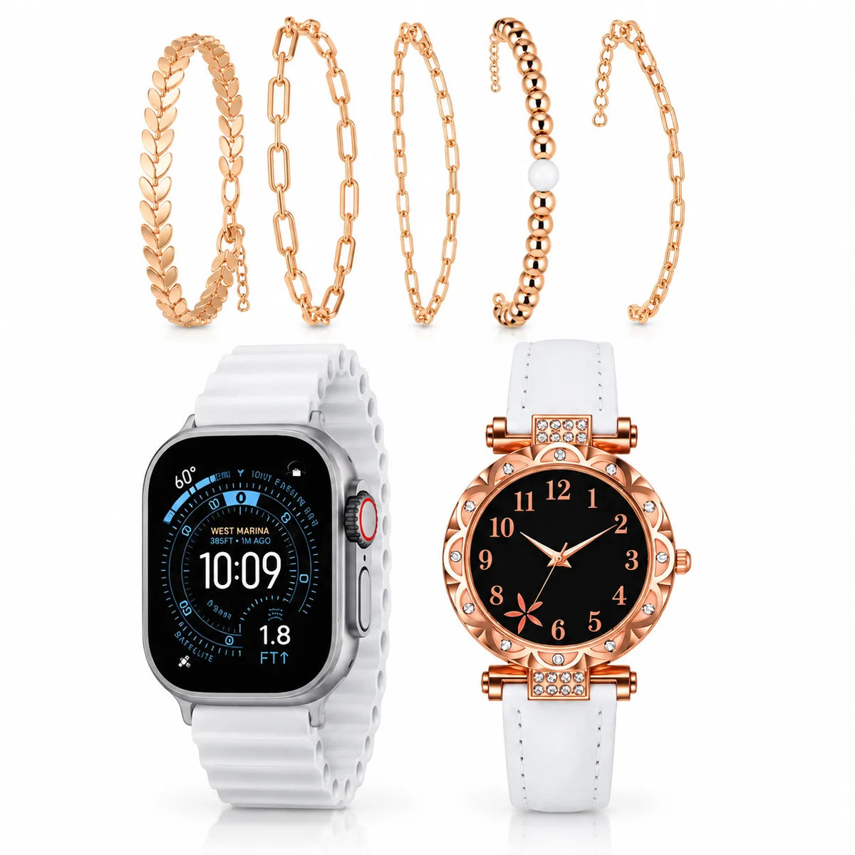 Set orologio smart bianco con cinturino e orologio analogico rosé con bracciali dorati