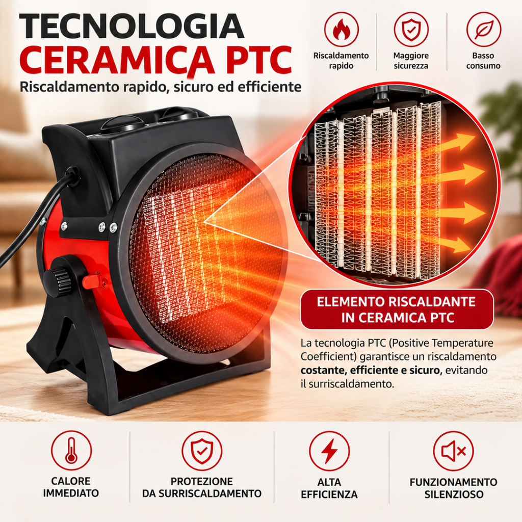 Stufetta elettrica PTC nera con elemento riscaldante ceramico in evidenza