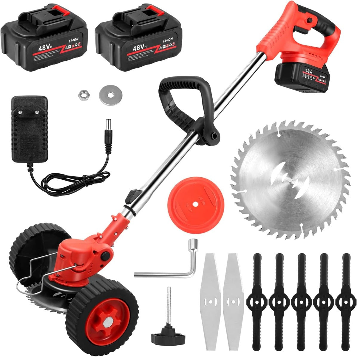 Decespugliatore elettrico a batteria 48V con testa rotonda, ruote e accessori lame e batterie
