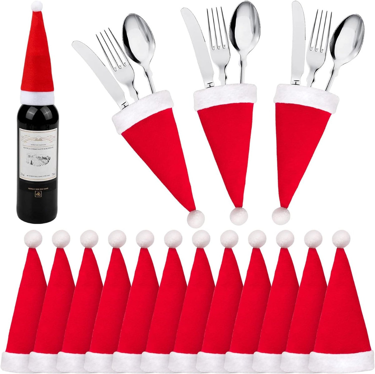 Set di mini cappelli di Babbo Natale per portaposate, rossi con bordo bianco e pon pon (10 pz).