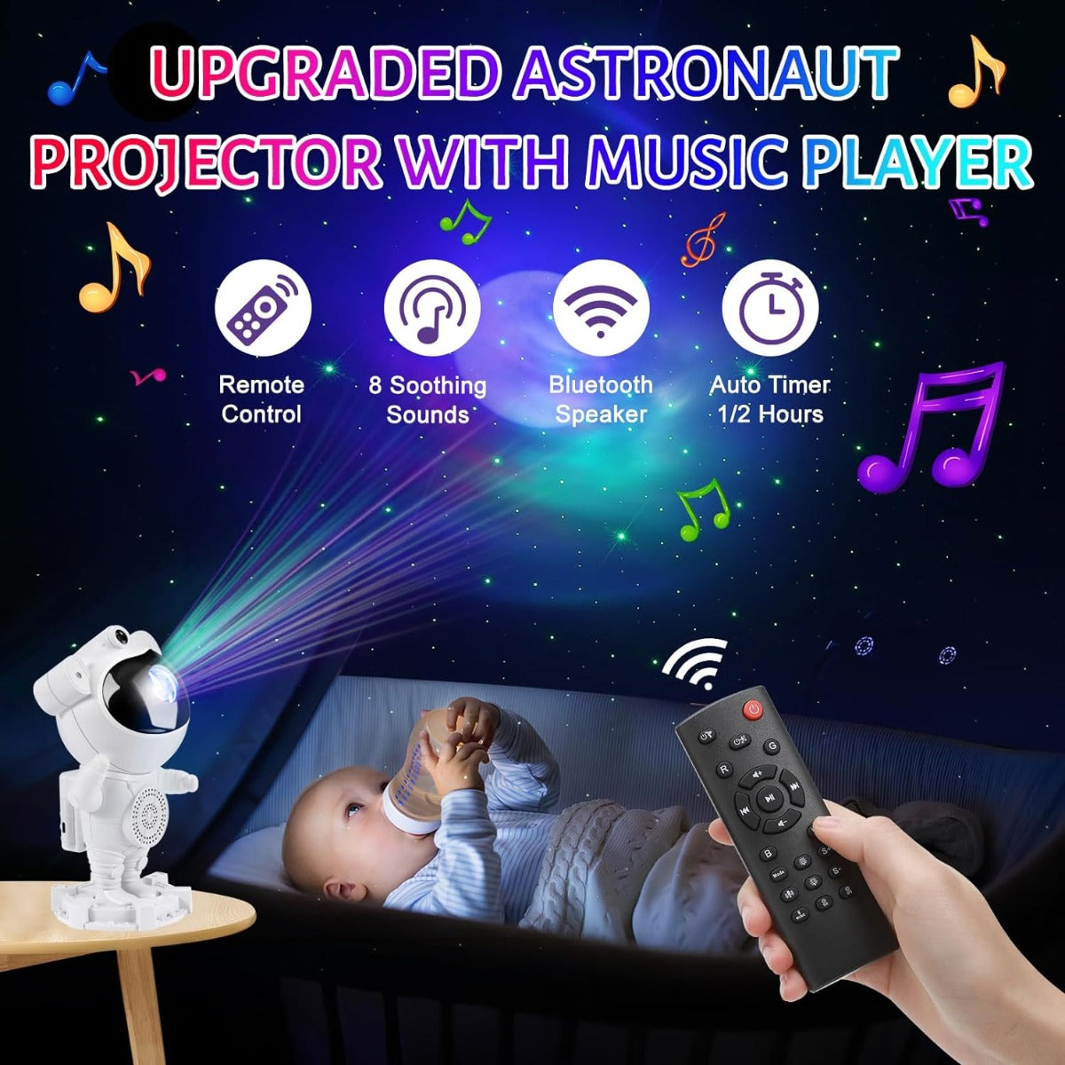 Lampada proiettore astronauta bianca con Bluetooth, timer e telecomando