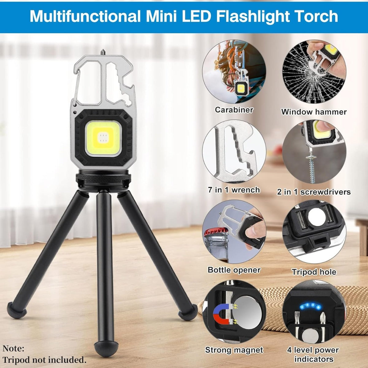 Torcia mini COB LED su treppiede nero, corpo argento e nero