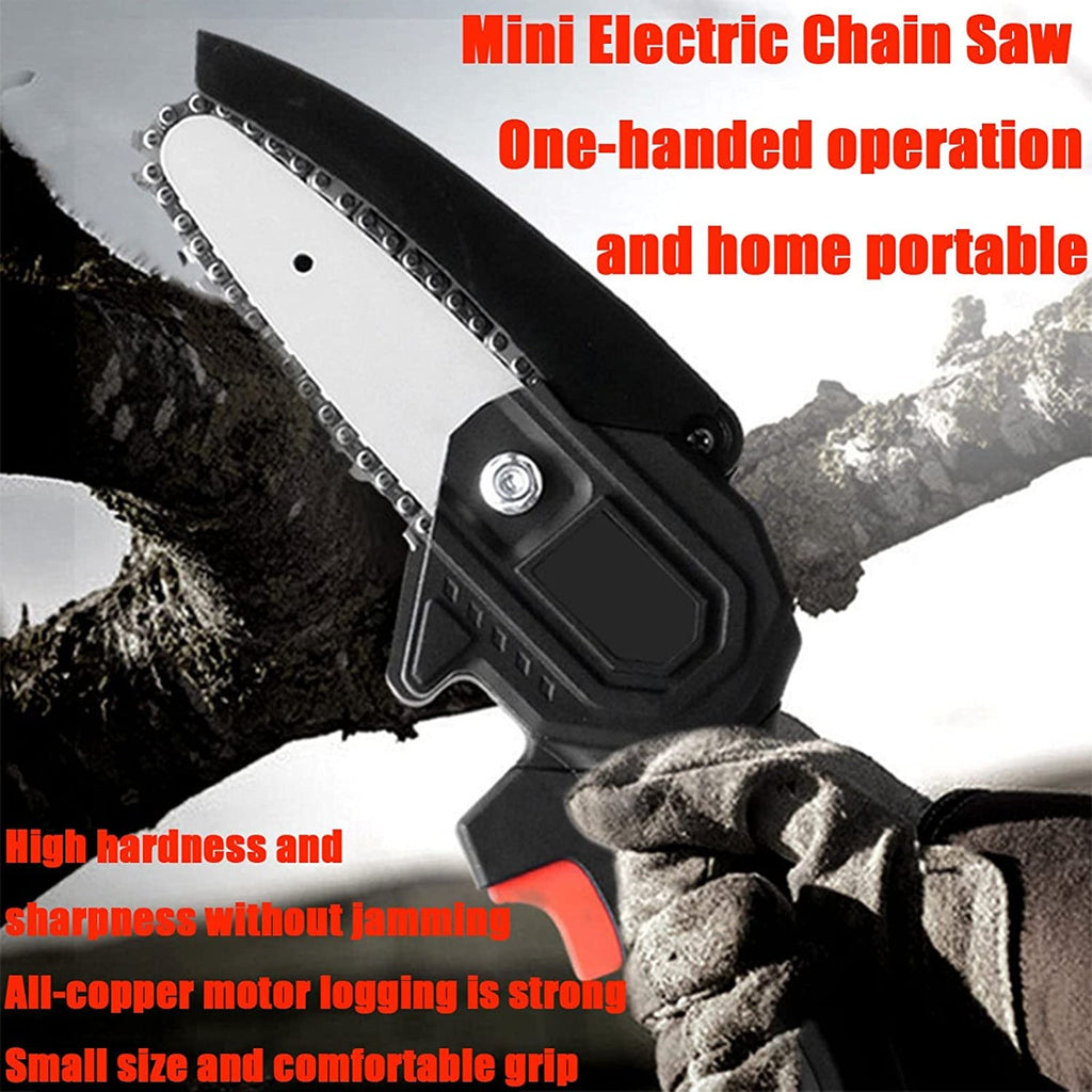 Mini motosega a catena portatile con barra e catena, impugnatura nera con inserti rossi