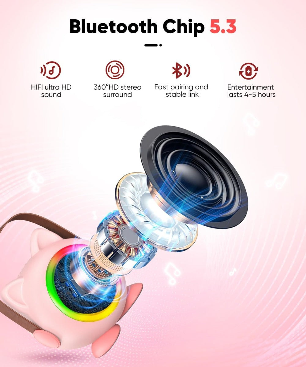 Altoparlante per mini karaoke con luci LED e 2 microfoni wireless, chip Bluetooth 5.3