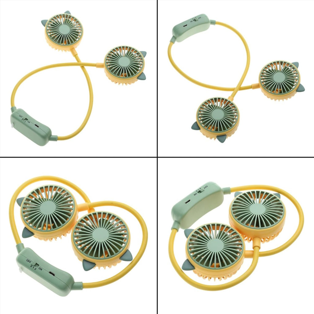 Ventilatore da collo USB ricaricabile con due ventole verdi e cinturino giallo