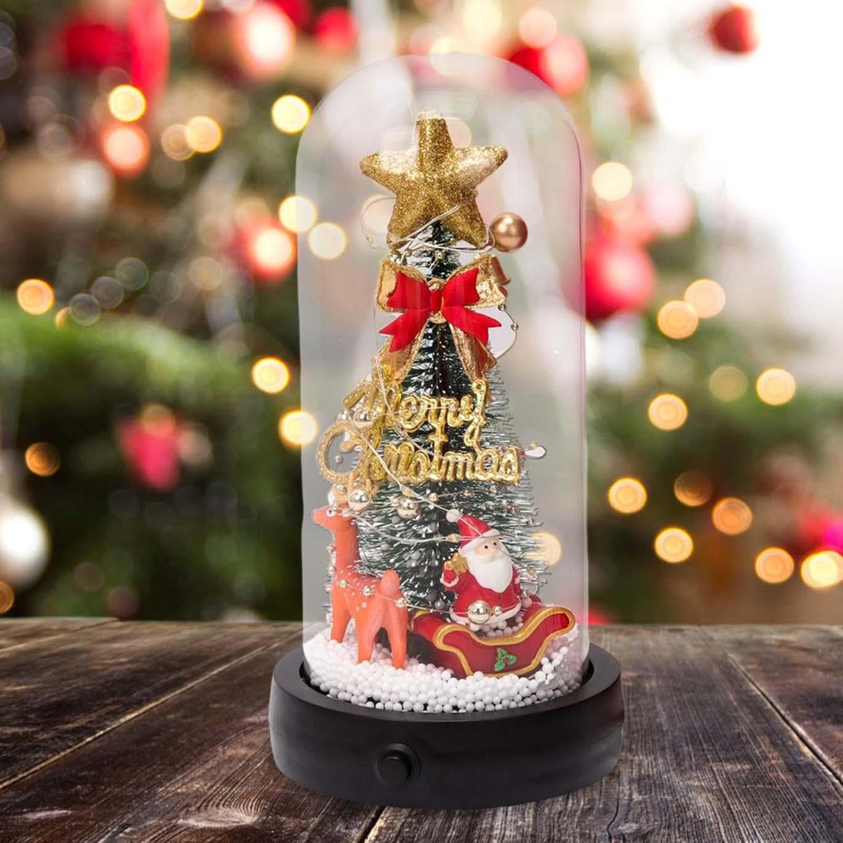 Cupola di vetro natalizia con luci LED, albero, stella dorata e Babbo Natale