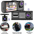 Dash cam tripla nera con schermo IPS e lente frontale, supporto da auto.