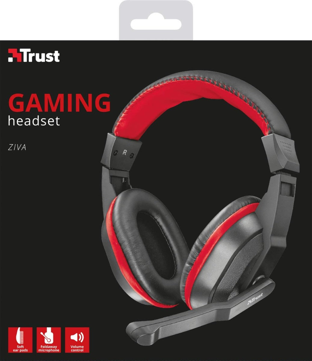 Confezione cuffie gaming Trust Ziva con cuffie over-ear nere e inserti rossi