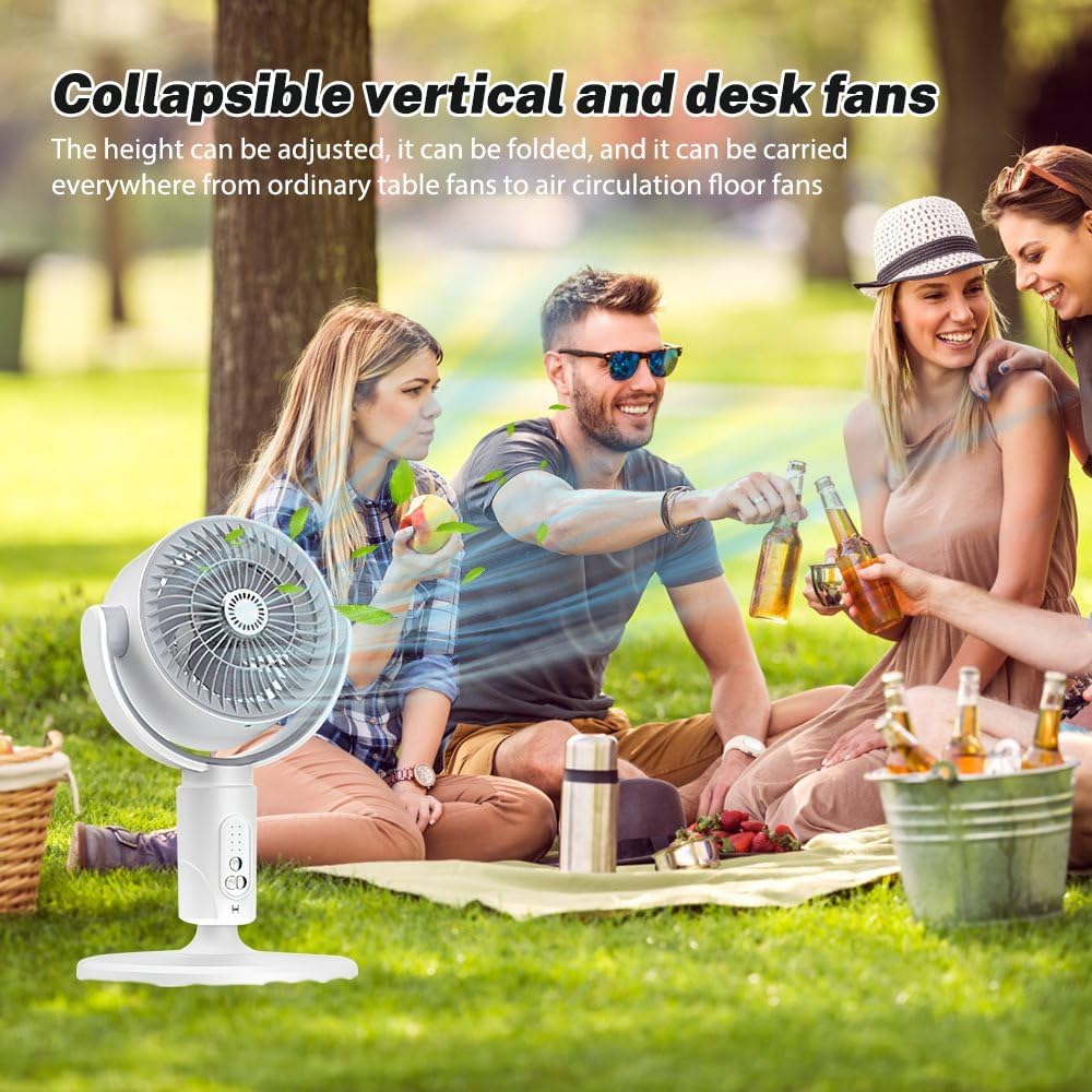 Ventilatore da tavolo portatile bianco con griglia circolare e supporto