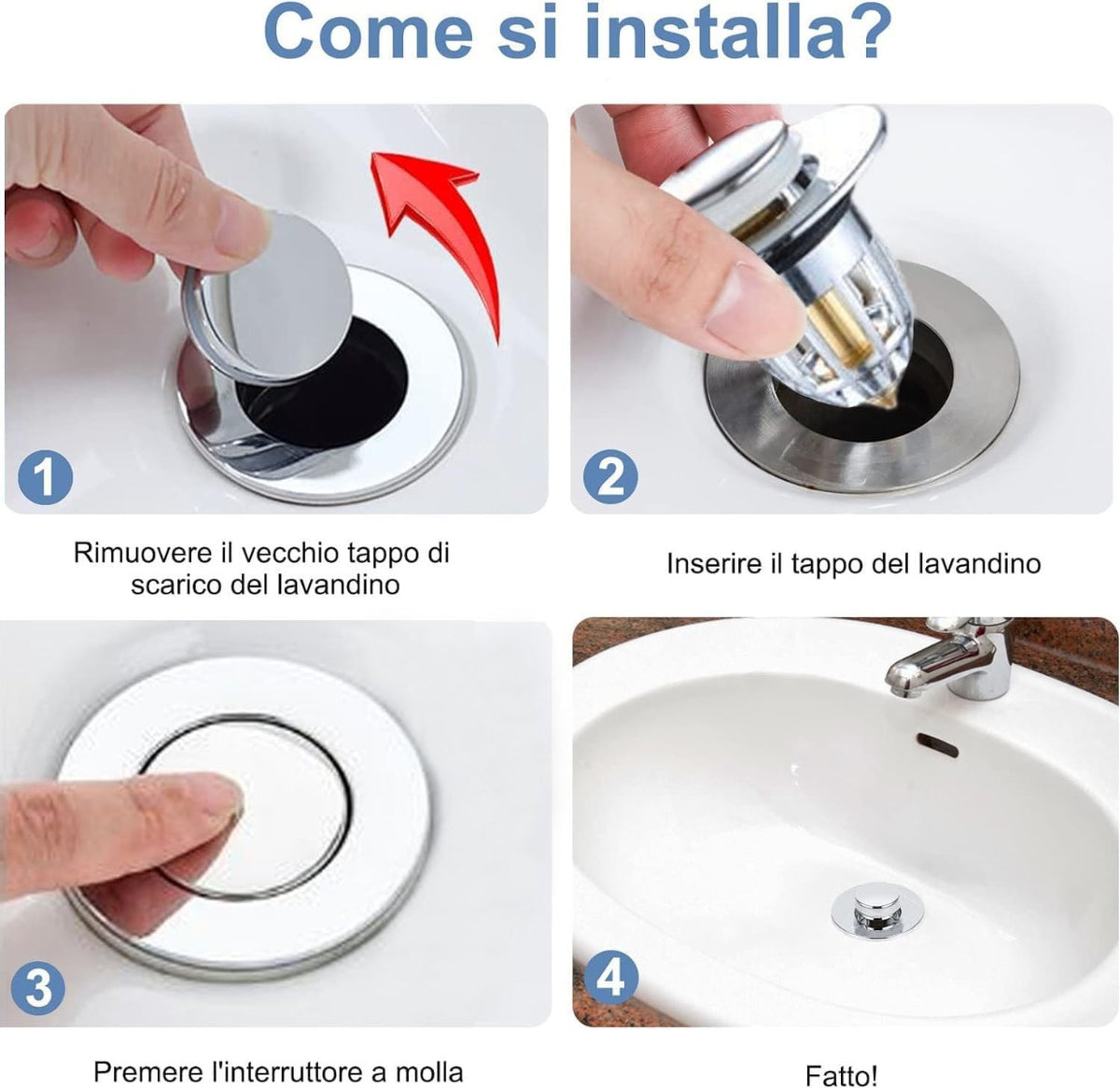 Tappo pop-up per scarico lavandino cromato con guarnizione nera