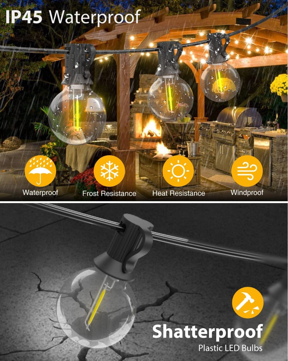 Catena di lampadine solari IP45 con bulbi a globo e picchetti a terra, cavi neri