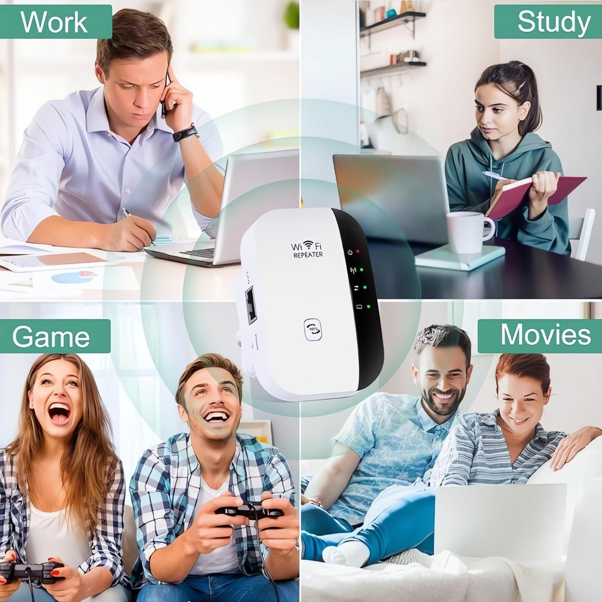 Ripetitore Wi‑Fi bianco con pannello nero e LED, per connessione stabile in casa